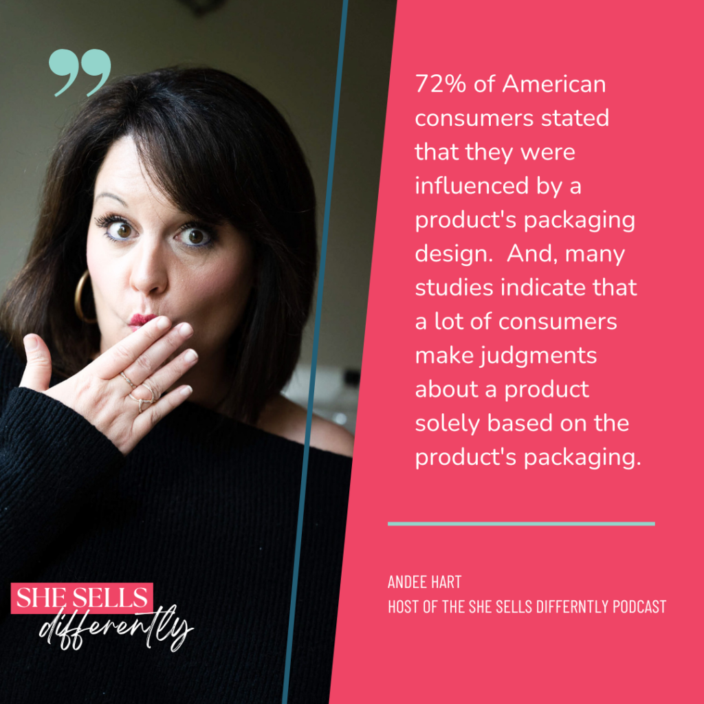 Image is of Andee Hart, host of the she sell's differently podcast, covering her mouth in surprise and the quote says "72% of American consumers stated that they were influenced by a product packaging design. And many studies indicate that a lot of consumers make judgements about a product solely based on the product's packaging."