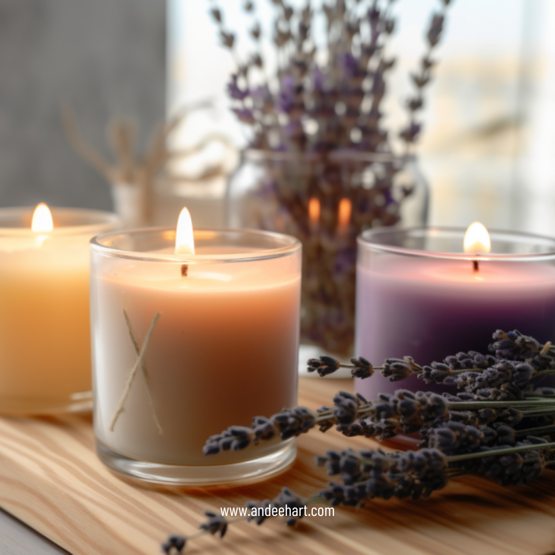 Image is of three candles with soft lighting and some floral pieces in the background. This images correlates to Andee Hart talking about having a cohesive wholesale product collection