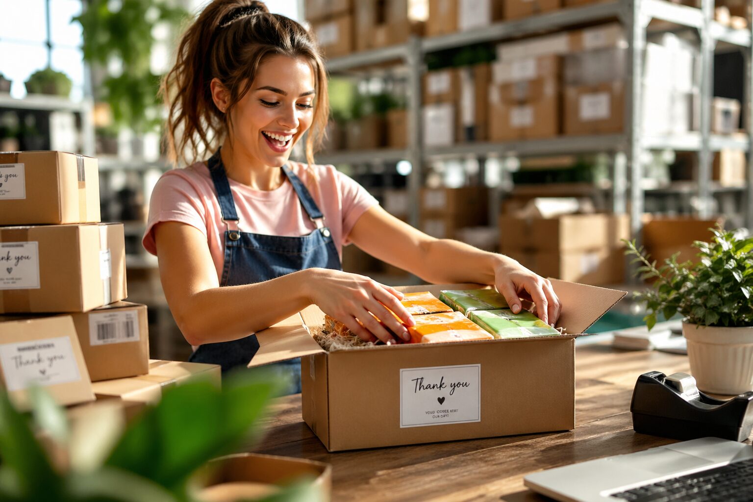 Excited woman packing up wholesale orders